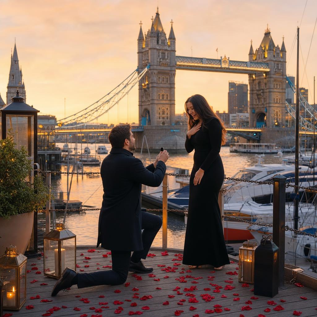 Sunset on the docks - marriage proposal in London