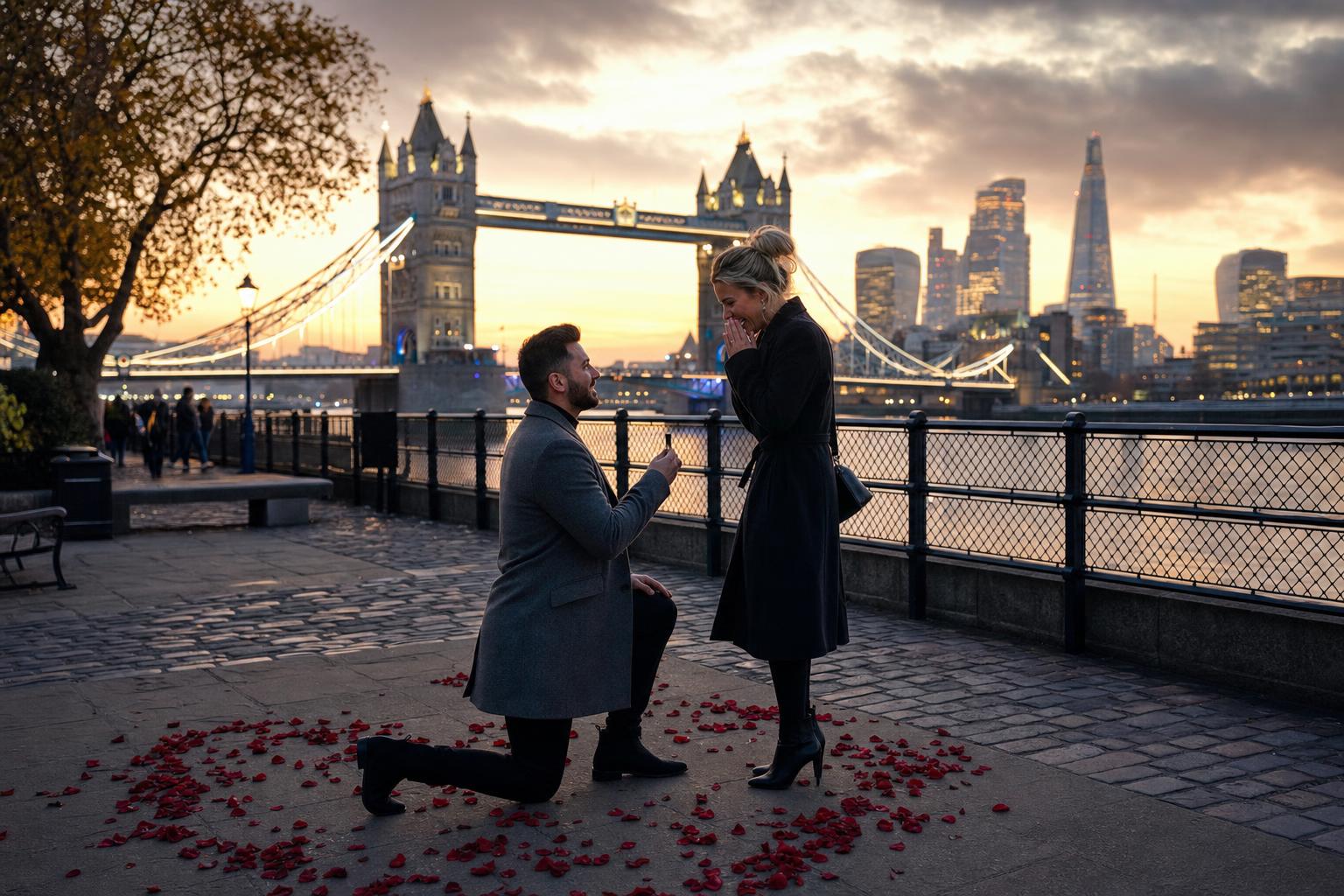 Romantic marriage proposal setting in London with the London skyline at dusk
